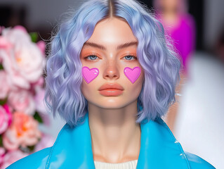Wall Mural - A model with pastel lavender hair and heart-shaped stickers poses confidently in a fashion editorial setting. Playful and bold with Y2K vibes.