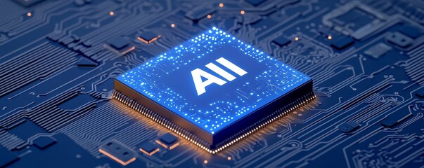 Poster - Close-up of AI microchip on blue circuit board, advanced technology concept