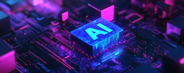 Poster - Blue glowing AI logo on a circuit board with vibrant lighting effects