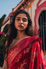 Wall Mural - A woman wearing a red sari with gold designs on it