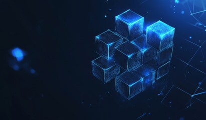 Poster - Digital representation of blue glowing cubes with binary code in a futuristic theme