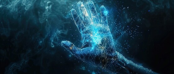 Digital hand hologram on dark background with copy space 