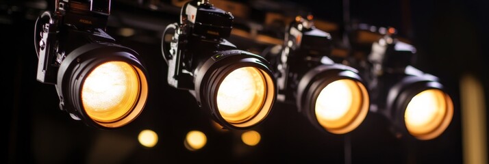 Poster - a row of powerful spotlights is closely observed with an upward angle, showcasing their design and f