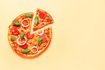 Wall Mural - Tasty pizza with olives, tomatoes and basil on beige background