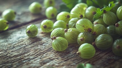 Poster -   A set of green grapes rests atop a wooden table alongside another collection of green grapes on a wooden table