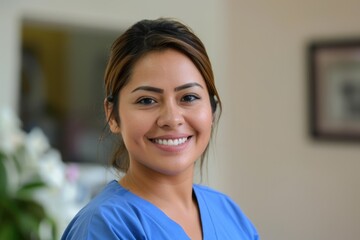 Smiling Hispanic health worker in blue uniform in medical office.