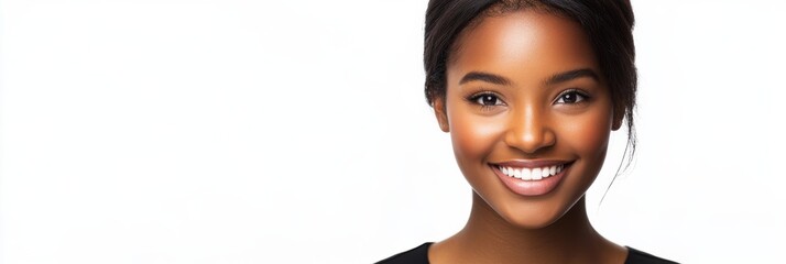 Wall Mural - A warm, inviting smile reveals the charm of a young woman against a crisp white background, capturing her natural beauty and joyful spirit