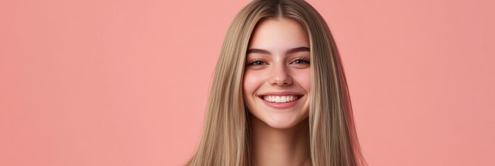 Wall Mural - A young woman with long, perfectly groomed blonde hair smiles brightly, showcasing her happiness against a soft pastel-colored backdrop that enhances her cheerful demeanor