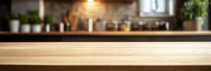 Poster - A pristine light wooden table features subtle grain patterns, set against a softly blurred kitchen backdrop with warm lighting and decorative elements in the background