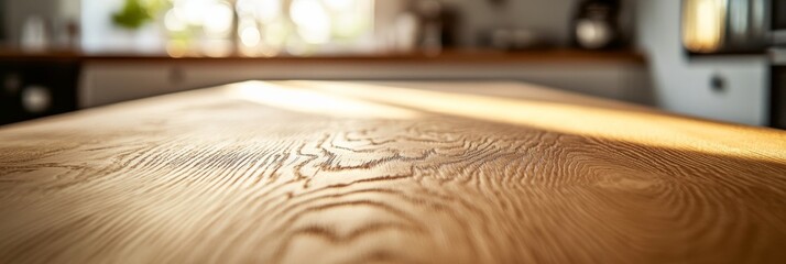 Poster - The surface of a light wooden table features intricate grain patterns, reflecting soft light, while a blurred background creates a cozy indoor setting