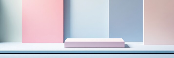 Poster - A stand podium is positioned against softly colored pastel walls, creating a minimalist backdrop suitable for presentations or showcases in a creative environment