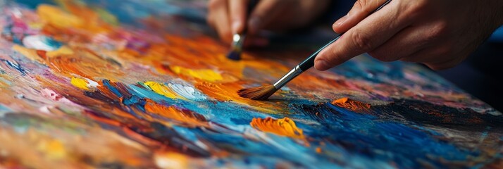 Hands of a creative artist passionately apply bright and colorful paint strokes to a canvas, demonstrating skilled artistry and vibrant expression in a bright studio