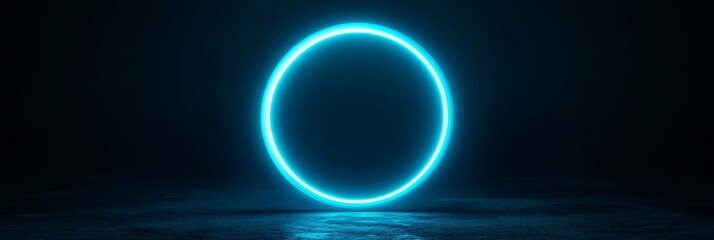 Poster - this artwork features a luminous neon blue circle radiating light in the darkness, creating a striki