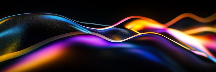 Poster - An abstract fluid wave displays vibrant iridescent colors blending smoothly into a colorful gradient, creating a mesmerizing effect against a dark backdrop