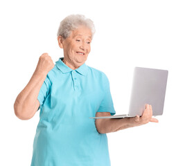 Sticker - Happy senior woman using laptop on white background