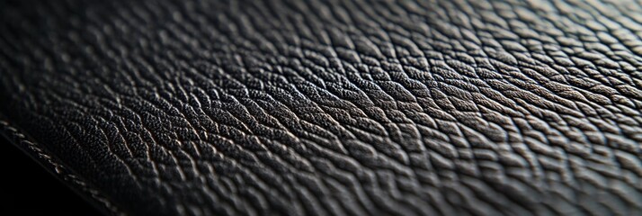 Poster - This closeup reveals a luxurious black leather surface, showcasing intricate textures and a subtle sheen that reflects natural light beautifully