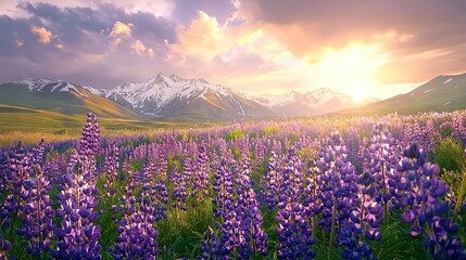 Sticker -   A field of purple flowers before a snow-capped mountain range in the background