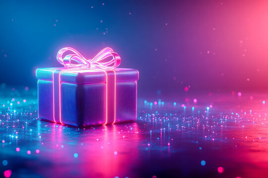 Futuristic neon-lit gift box on cyber-styled neon glow colors background