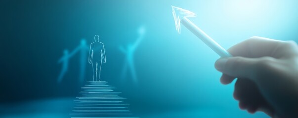 Poster - Businessman drawing an upward arrow graph with silhouette of professionals in blue background