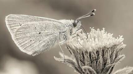 Sticker -   A close-up photo of a butterfly perched on a flower with water droplets on its wings, set against a monochromatic backdrop