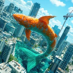 A stunning view of an oversized koi fish swimming amidst a modern cityscape, blending nature with urban beauty.