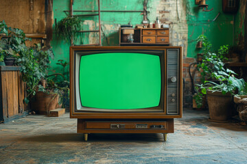 Retro vintage portable television in old style interior with chroma key green screen