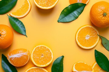 Flat lay view Slices Oranges with green leaves isolated on background, summer fruit for refreshment, Freshness Citrus oranges. 