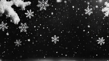 Magical snowflakes dancing on a deep black background, creating a serene Christmas and New Year atmosphere