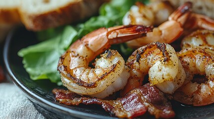 Sticker -   A plate of shrimp and bacon on lettuce, with bread in the background