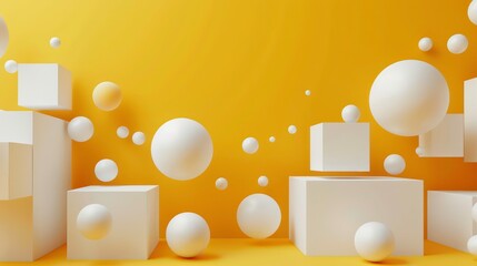 Wall Mural - Abstract 3D rendering with white geometric shapes and spheres floating on a yellow background.