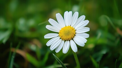 Canvas Print -   A white flower with a yellow center blooms amidst lush green grass and a hazy backdrop