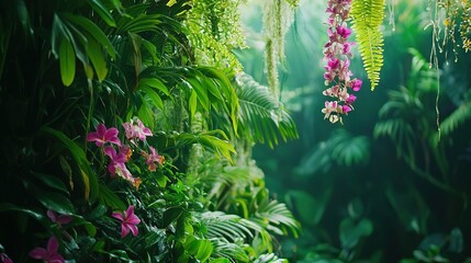 Poster -   A verdant green forest abounds with plentiful pink and white blossoms alongside the road