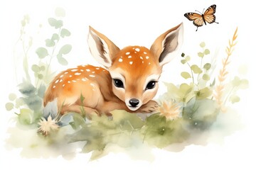 Wall Mural - Sleeping woodland baby deer with butterfly, watercolor cute forest animal clipart 