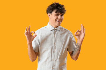 Sticker - Portrait of winking young man showing OK gesture on orange background