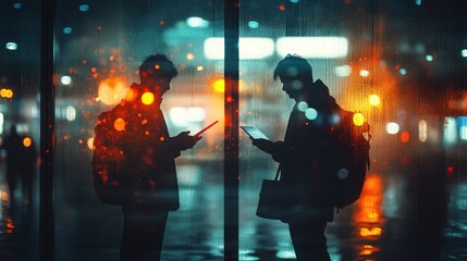 Two silhouetted figures using tablets in the rain with city lights in the background.