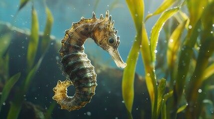 Wall Mural -   Sea horse close-up in water with seaweed foreground and background