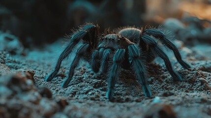 Wall Mural -   A sharp image of a massive blue spider resting atop a mound of earth with an indistinct skyscraper in the distance