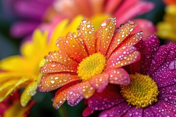 Close up of a bunch of bright colourful flowers with water droplets