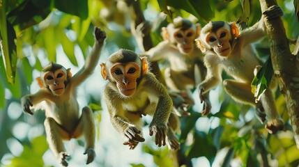 Poster -   Monkeys on branches in tropical forest, close-up of one in front