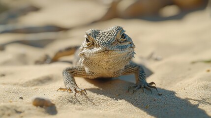 Canvas Print -    a small lizard on a sandy surface with a sharp focus in both the background and foreground