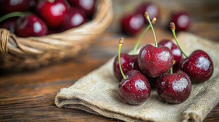 Sticker -   A close-up of cherries on cloth next to basket on table