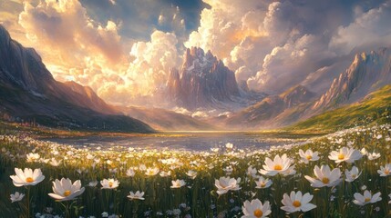 Wall Mural - Dreamlike landscape with giant flowers