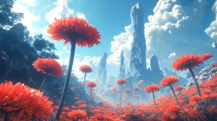 Wall Mural - Dreamlike landscape with giant flowers