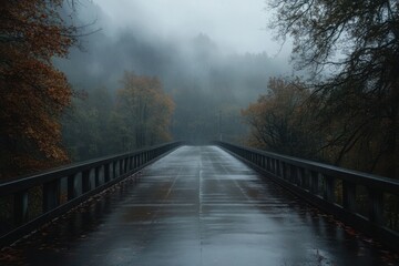 Sticker - Rain on a wet bridge with moody, low-hanging storm clouds and mist