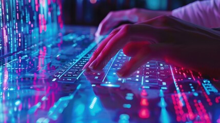 Close-up of hands typing on a glowing keyboard in a dark room, with a screen displaying lines of code in the background.