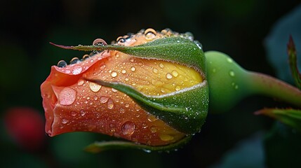 Poster -   A flower's petals have water droplets, surrounded by a green stem and red background flowers