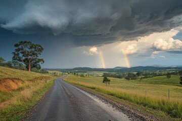 Sticker - Storm clouds gather over a road that leads into the distance, with rainfall and a rainbow in the distance, creating a very dramatic landscape