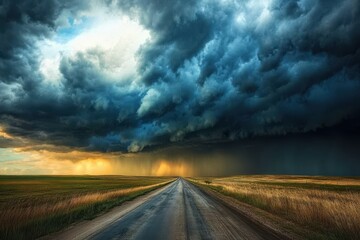 Canvas Print - Storm clouds gather over a road that leads into the distance, with rainfall and a rainbow in the distance, creating a very dramatic landscape