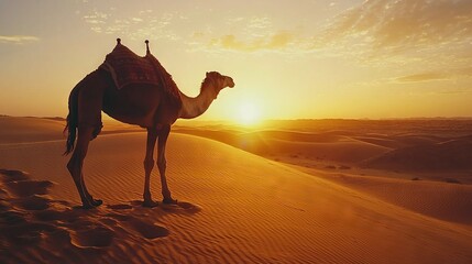 Sticker -   An image of a majestic camel standing in the middle of a vast desert at dusk, bathed in soft sunlight while surrounded by fluffy cloud formations overhead