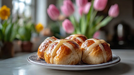 Wall Mural - golden hot cross buns sits on a white table, symbolizing tradition and Easter celebrations. The buns, marked with a cross, convey warmth, comfort, and a sense of togetherness